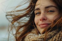 Young Caucasian woman with windswept brown hair smiling genuinely at camera, wearing cozy knit scarf. Natural outdoor lighting creates warm atmospheric portrait.