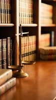 Brass scales of justice on wooden desk in law library with legal books for attorney office, courtroom and legal services concept.