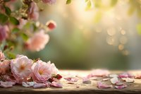 Delicate pink rose petals scattered on rustic wooden surface with soft bokeh background and sunlight creating dreamy atmosphere.
