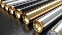 Metallic pipes or tubes in gold, silver and black colors arranged in parallel rows on reflective dark surface, showing industrial luxury and engineering precision.