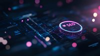 Futuristic digital SEO analytics dashboard with glowing neon interface and circular metric display against dark background with bokeh lights and circuit patterns.