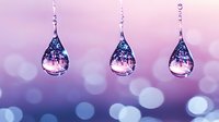 Magical water drops with sparkling blue and pink reflections suspended against dreamy purple bokeh background create ethereal atmosphere for wellness designs.