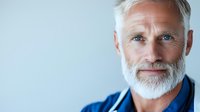 Mature Caucasian male professional with white beard and blue medical scrubs smiling confidently against light background, representing healthcare and medical expertise.