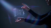 Professional woman interacting with holographic global network interface displaying connected world map with digital nodes and futuristic technology elements.