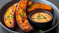 Grilled sweet potato wedges with spicy dipping sauce on black plate, garnished with fresh herbs. Close up view of roasted orange vegetable appetizer.