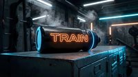 Neon glowing train sign on industrial metal platform with cyan and orange lighting in dark warehouse setting for urban design projects.