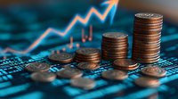 Growing stacks of copper coins with upward trending graph arrow on digital market data background, representing financial growth and investment success.