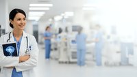 Female doctor with stethoscope holding brain scan tablet in modern hospital corridor with medical staff background for healthcare presentations.