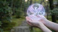 Hands holding glowing purple energy sphere with swirling patterns in forest setting. Spiritual healing, meditation, mystical power concept for wellness design.