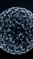 Abstract network sphere with glowing connections and bokeh lights on dark background for technology and digital communication concepts.