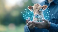 Young calf head floating above farmer hands with glowing digital network overlay, representing smart farming and agricultural technology advancement.