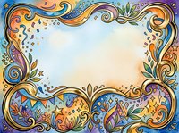 Ornate decorative frame with swirling baroque scrolls, flourishes, and botanical elements in vibrant orange, blue, and purple tones. Isolated on white background, ready for invitations, certificates, and design projects.