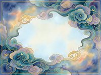 Ornate decorative frame with swirling clouds in pastel colors and gold accents on watercolor background for artistic designs and elegant presentations.