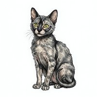Tabby cat sitting and looking at camera with alert expression, isolated on white background for design use, clipart, t-shirts, and pet-related projects.
