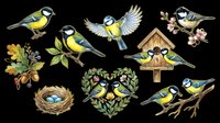 Colorful blue tit birds in various poses with nest, branches, and botanical elements. Isolated on transparent background, ready for t-shirts, clipart, stickers, sublimation, and print-on-demand designs.