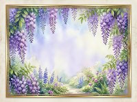 Watercolor wisteria garden frame with purple blooms, green leaves, and soft pastel background, perfect for invitations, cards, and scrapbooking.