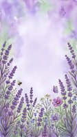 Watercolor lavender field with wildflowers, bee and butterfly on soft purple background, copy space for cards, posters and invitations.