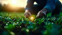 Hands tending young plants at sunrise with morning dew drops glistening on green leaves, creating magical bokeh effect in organic garden setting.