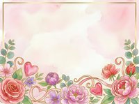 Watercolor floral border with roses, peonies, and heart shapes on soft pink background. Isolated design element for invitations, cards, and wedding stationery projects.