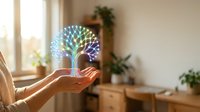 A person's hand holding a glowing neon tree with colorful branches in warm interior space with plants and natural light, representing growth, technology, sustainability and environmental care.