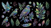 Colorful starling birds with botanical elements, berries, leaves, and feathers, isolated on transparent background. Great for clipart, stickers, t-shirt design, print on demand.