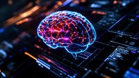 Glowing digital brain hologram with blue and red neon light effects floating over futuristic interface display showing neural network data and analytics.