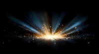 Magical light burst with golden sparkles and blue rays emerging from darkness, creating dramatic atmospheric effect for backgrounds and overlays.