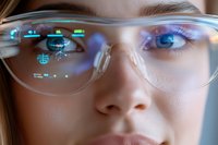 Young woman wearing smart glasses with augmented reality interface displaying digital data and holographic elements for futuristic technology applications.