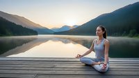 Young Asian woman practicing yoga meditation on wooden dock at serene mountain lake during golden hour sunrise for wellness and mindfulness retreat.