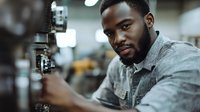 African American male technician adjusting industrial machinery in manufacturing facility, focused on precision work in modern factory environment.