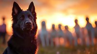 Black German Shepherd dog portrait at sunset with silhouettes of people in background. Dramatic orange sky creates moody atmosphere with rim lighting on canine.