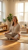 Peaceful woman meditating in cozy home interior with natural light, plants and candles creating serene wellness atmosphere for mindfulness practice.