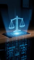 Glowing holographic scales of justice projected from a tablet with binary code, symbolizing legal tech innovation and digital law transformation.