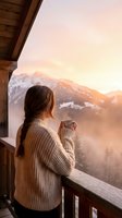 Woman with long dark hair, wearing a cream knit sweater, holding a warm beverage while standing on a wooden balcony overlooking snow-covered mountains at sunrise or sunset.