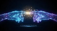 Two digital hands reaching toward each other with glowing neural network patterns and sparks of light symbolizing human connection and technology fusion.