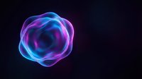 Glowing neon sphere with swirling blue and magenta energy waves on dark background, suitable for tech, science, and digital design projects.