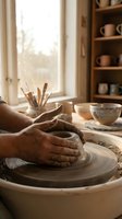 Potter hands shaping clay on spinning wheel in sunlit ceramic studio workshop with tools and pottery on shelves creating handmade earthenware vessel.