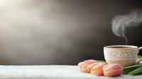 Steaming coffee cup with delicate lace pattern and fresh peach-colored tulips on white surface against dark background, creating cozy morning atmosphere.
