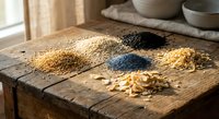 Assorted organic seeds and grains scattered on rustic wooden table in natural kitchen setting for healthy cooking and nutrition concepts.