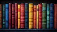 Colorful vintage hardcover books arranged in row on dark wooden shelf, spines showing rich variety of red, blue, yellow and green bindings in dramatic lighting.