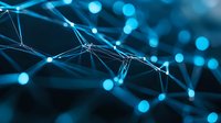 Glowing blue network connections with bokeh light effects on dark background, representing digital technology and communication networks.