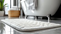 Soft white textured bath mat on modern bathroom floor with bathtub and potted plant in background, creating spa-like atmosphere for home decor.