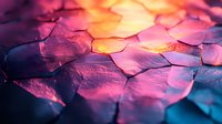 Colorful abstract background with overlapping geometric shapes in pink, purple, orange and blue tones creating depth and texture. Macro photography with soft focus.