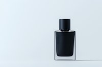 Minimalist black glass perfume bottle on white background, elegant luxury fragrance container with matte cap isolated for cosmetic and beauty marketing.