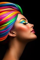 Side profile of woman with vibrant rainbow colored hair and artistic makeup featuring bright eyeshadow and pink lips against dark background, fashion beauty concept.