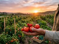 Farmer holding fresh ripe tomatoes in hand over vineyard field at sunset, agricultural harvest season, organic farming and sustainable agriculture concept.