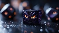 Mystical gaming dice with glowing orange cat eyes design against dark background with bokeh lights and glitter, creating magical fantasy atmosphere.