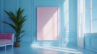 Pink frame on light blue wall with window shadows and sunlight in luxurious interior with decorative palm plant and pink velvet sofa, modern minimal design.