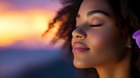 Young African American woman with curly hair in peaceful meditation pose against vibrant sunset sky, eyes closed with serene expression, purple flower in hair.