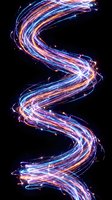Dynamic spiral light trails with electric blue and orange energy streams creating flowing motion effects on black background for digital art projects.